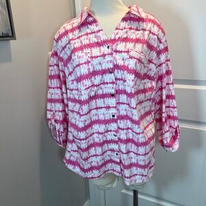 Coral Bay Woman Pink White Tie Dye Button Up Shirt Top Size 2X Roll Tab Sleeve